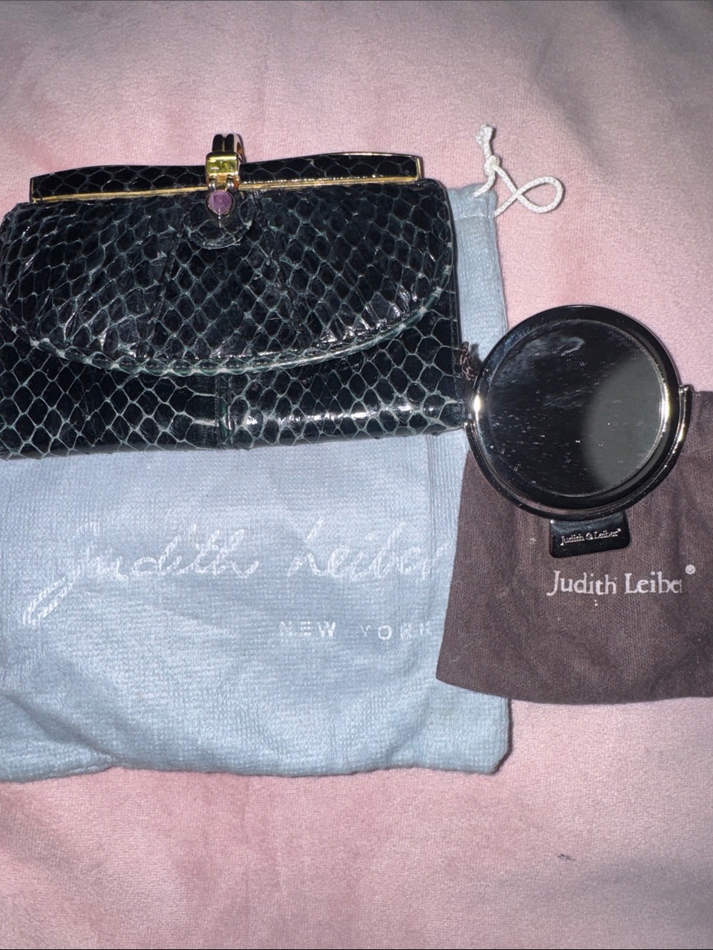 Judith Leiber Black Python Clutch and mirror set EUC